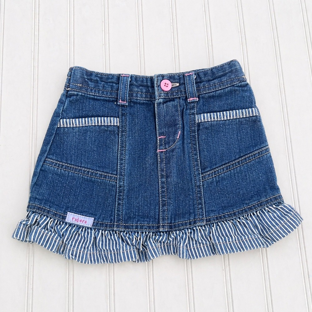 Y2k Riders by Lee Toddler Girls Denim Ruffle Skirt Stripe Trim Pink Button 24M